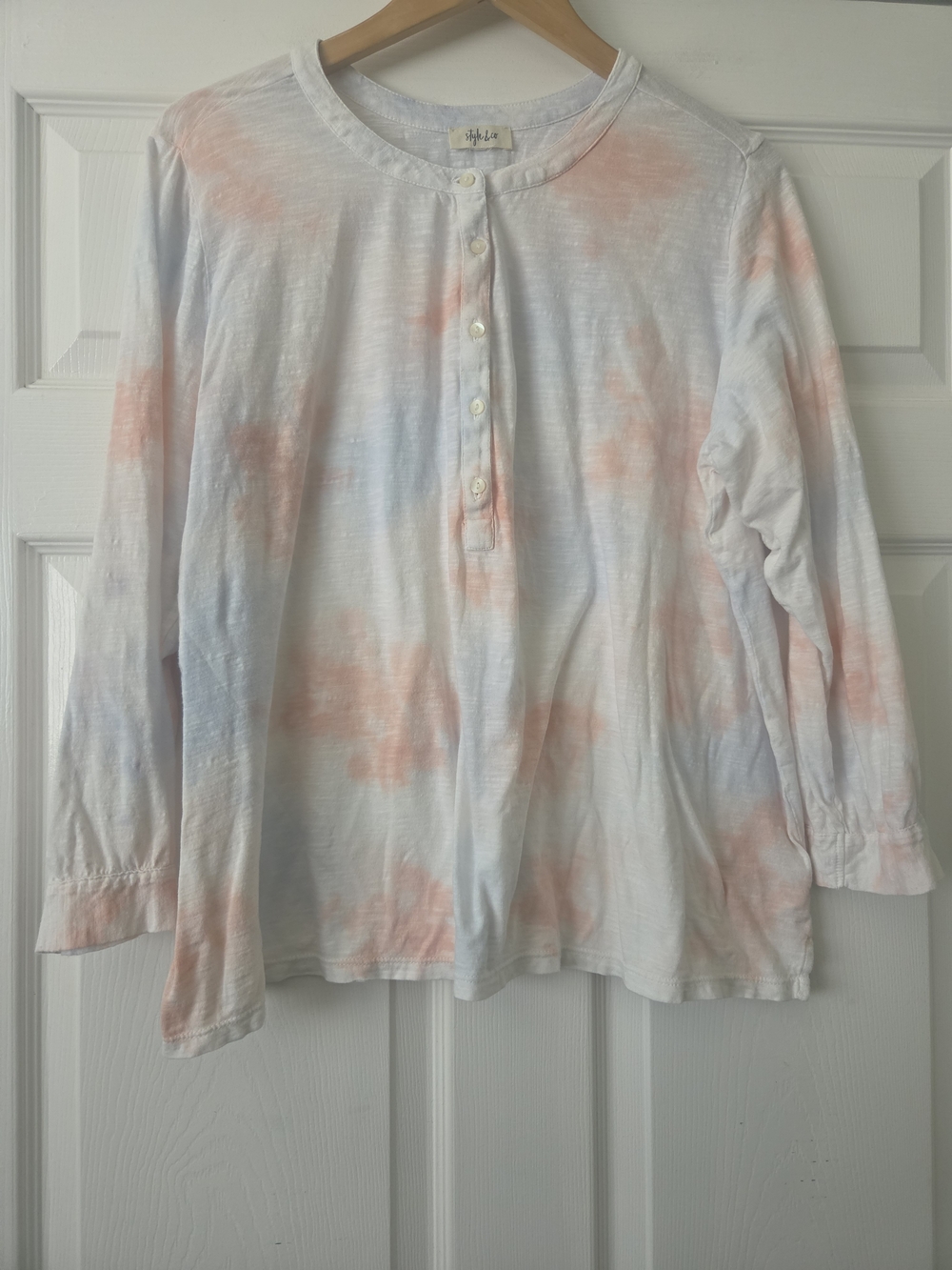 Style & Co. Women's White Long Sleeve Henley Top with Pink & Light Blue Tie-Dye